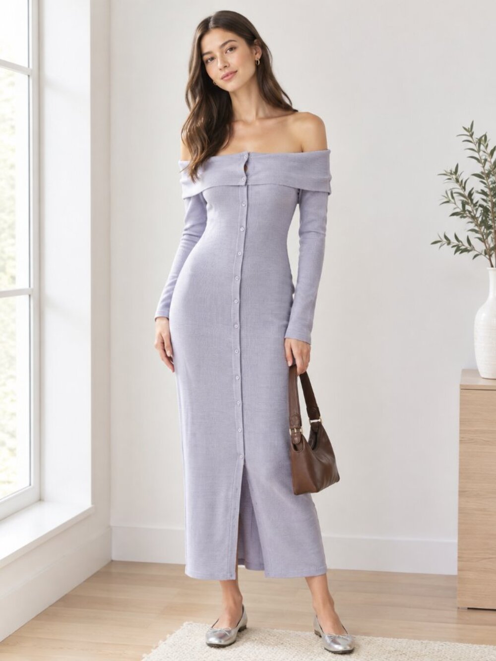 Abercrombie & Fitch Light Lavender Off-Shoulder Button-Front Maxi Dress MT 0910